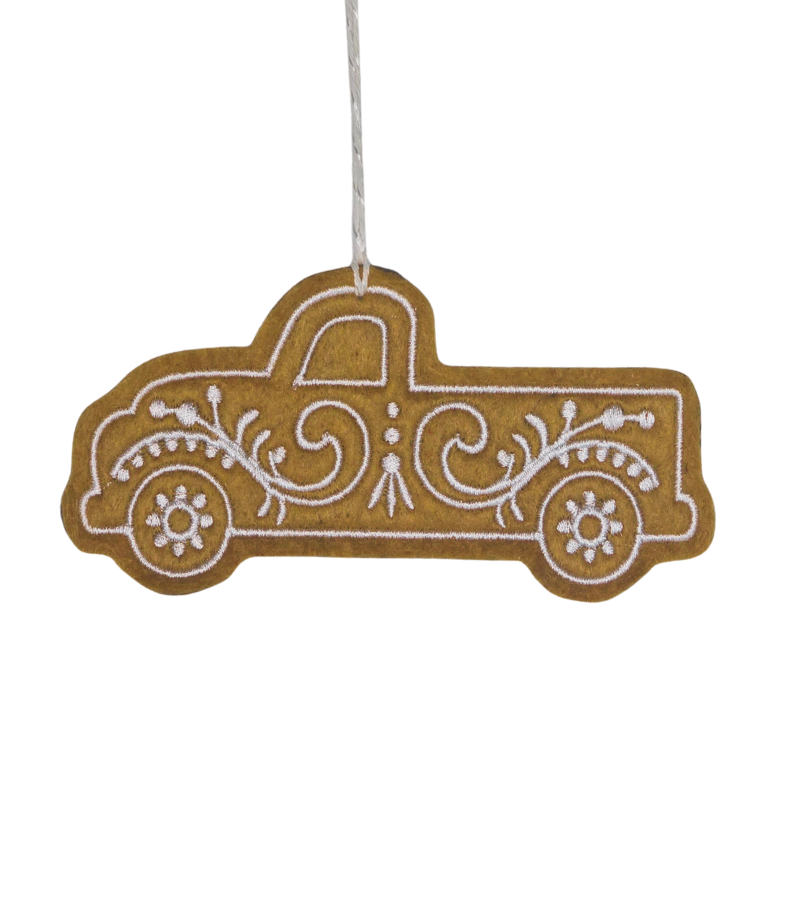 Handmade felt gingerbread pickup truck ornament - Christmas tree decoration by Margaret Mayar