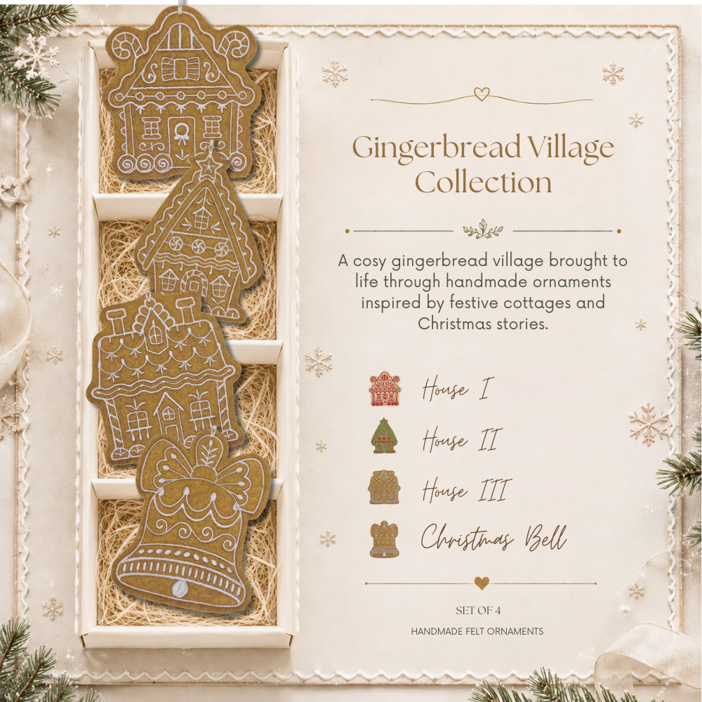 gingerbread-village-collection-set-4-margaret-mayar Handmade felt gingerbread Christmas ornaments collection styled - Margaret Mayar
