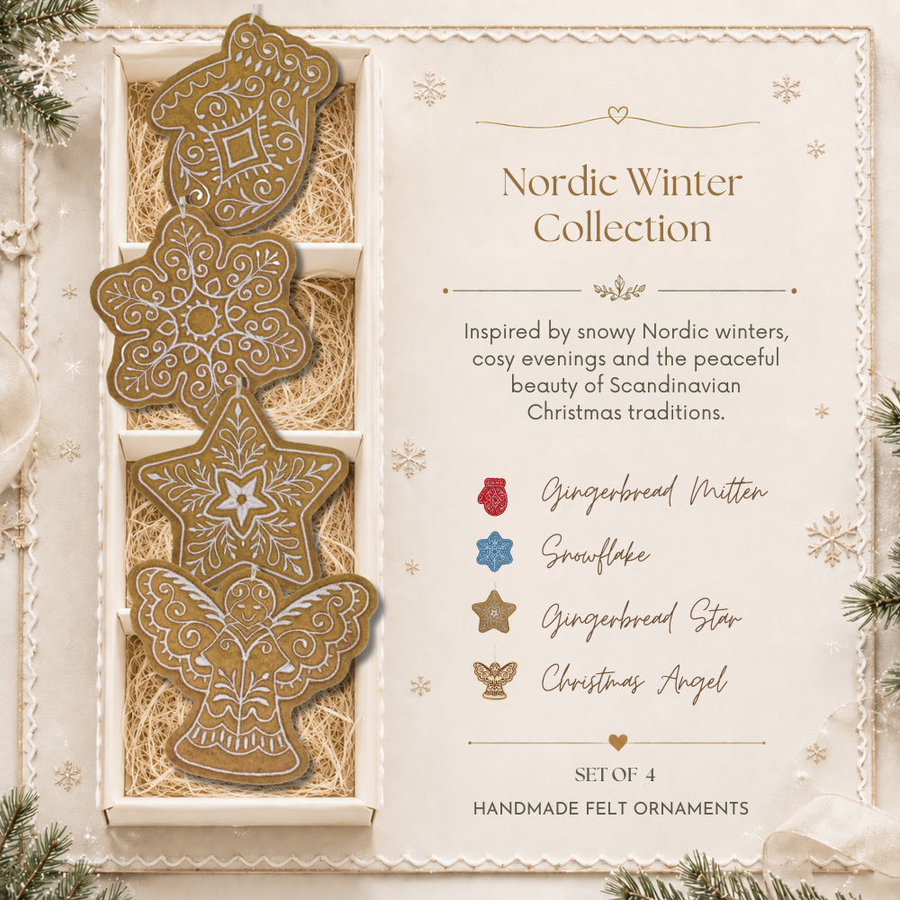 nordic-winter-collection-set-4-margaret-mayar Handmade felt gingerbread Christmas ornaments collection styled - Margaret Mayar